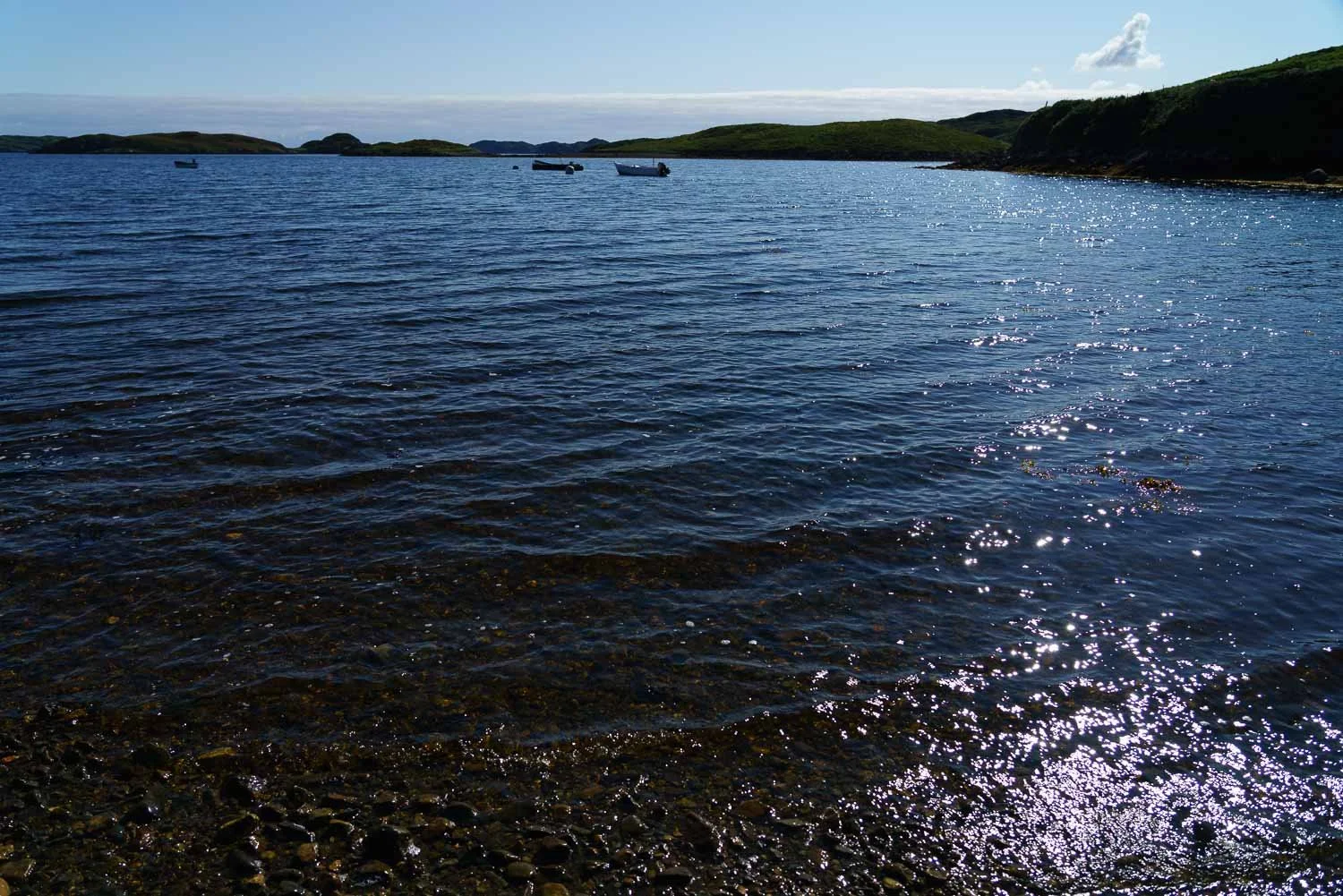 Light glances off the ripples on a loch. There are small fishing boats in the distance.