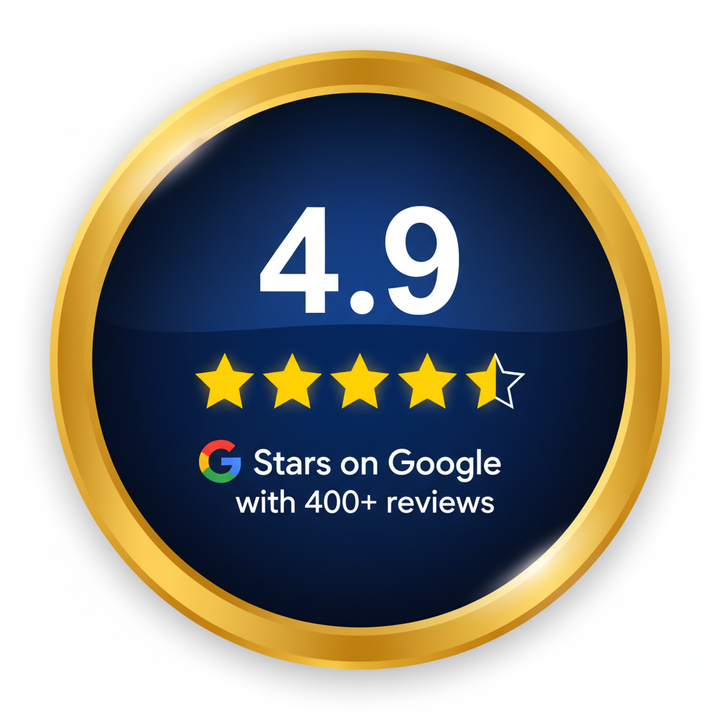Gold badge with a dark blue center displaying a 4.9 star rating with four and a half stars filled in, and text indicating it is based on over 400 reviews on Google.