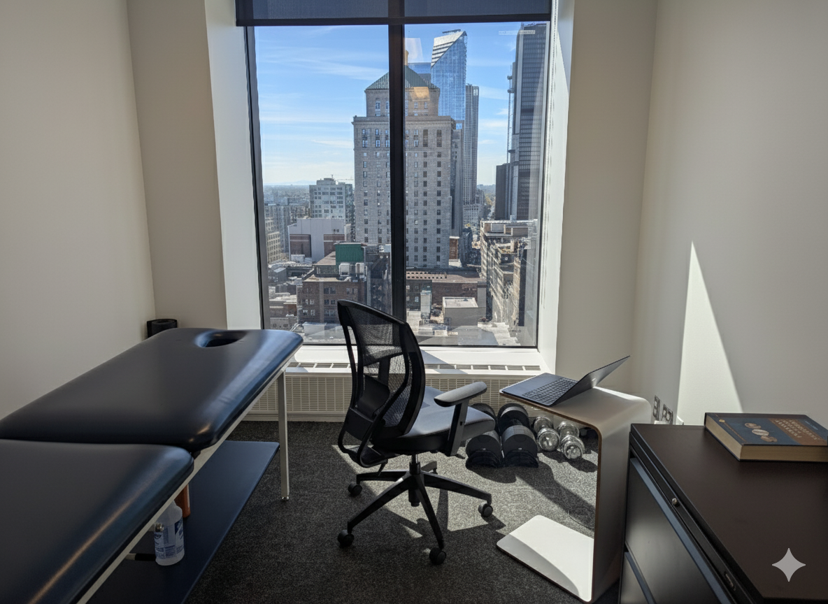 Office with a large window showing a city skyline, a black office chair, a laptop, a small table with dumbbells and water bottles, and a black desk with a book on top.