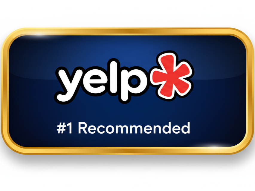 Yelp logo with the text '#1 Recommended' below, in a rounded rectangular gold-bordered badge.