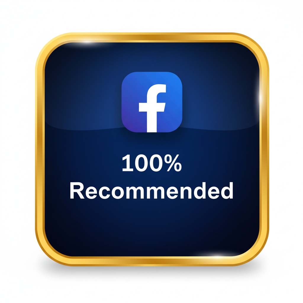 Facebook logo with a recommendation badge stating '100% Recommended' in a gold-bordered square.