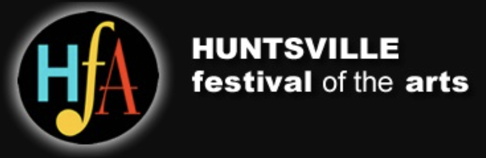 Logo for the Huntsville Festival of the Arts featuring colorful letters H, F, and A inside a black circle, with the text 'HUNTSVILLE festival of the arts' to the right on a black background.