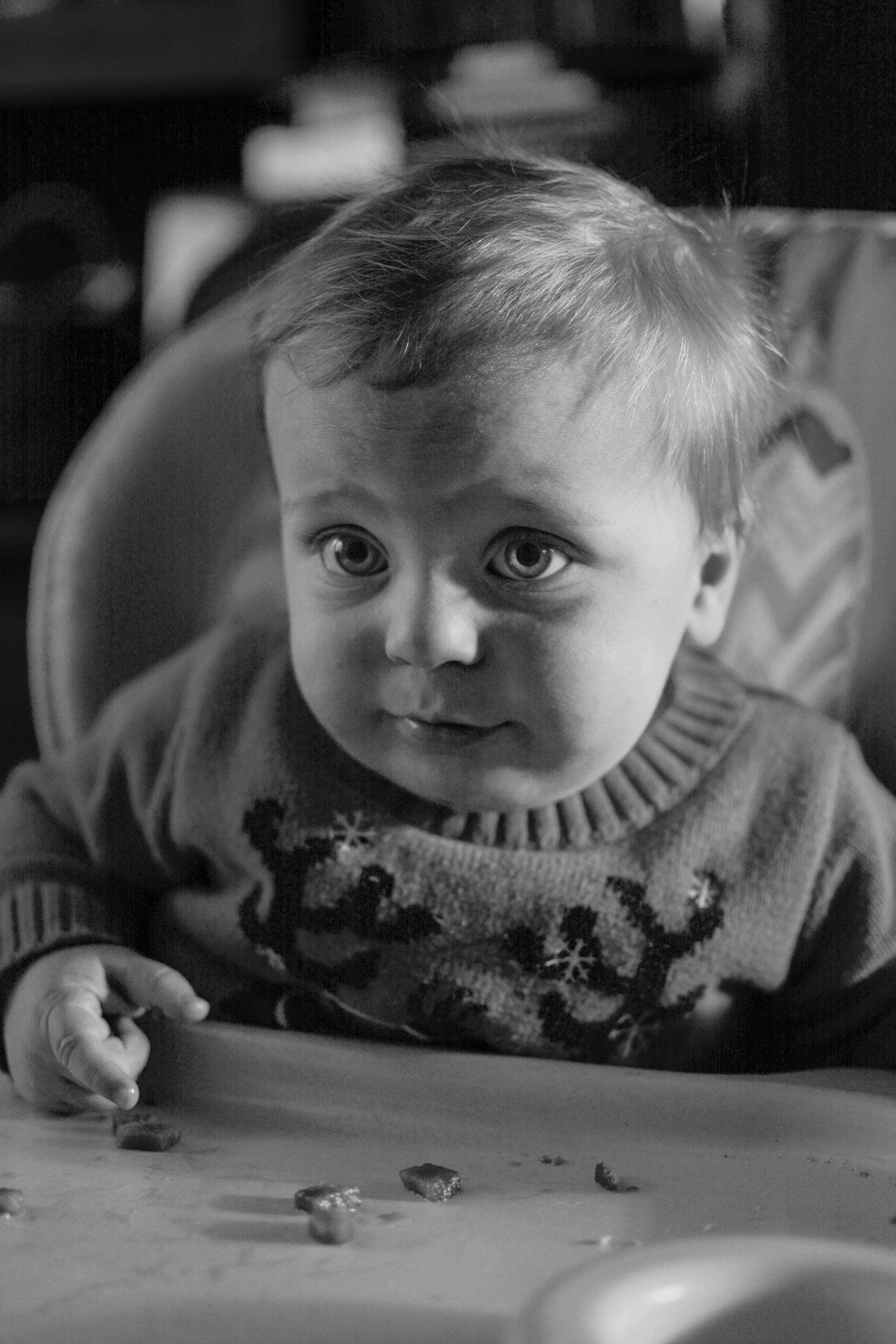A young child with light hair and bright eyes sitting in a high chair with a few pieces of food on the tray, wearing a sweater with a Christmas reindeer design.