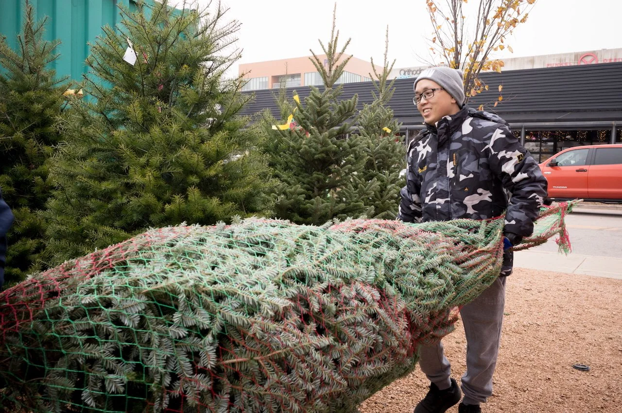 A person in a camouflage jacket and gray beanie smiling while holding a large Christmas tree wrapped in netting at an outdoor Christmas tree lot, with other trees and a commercial building in the background.