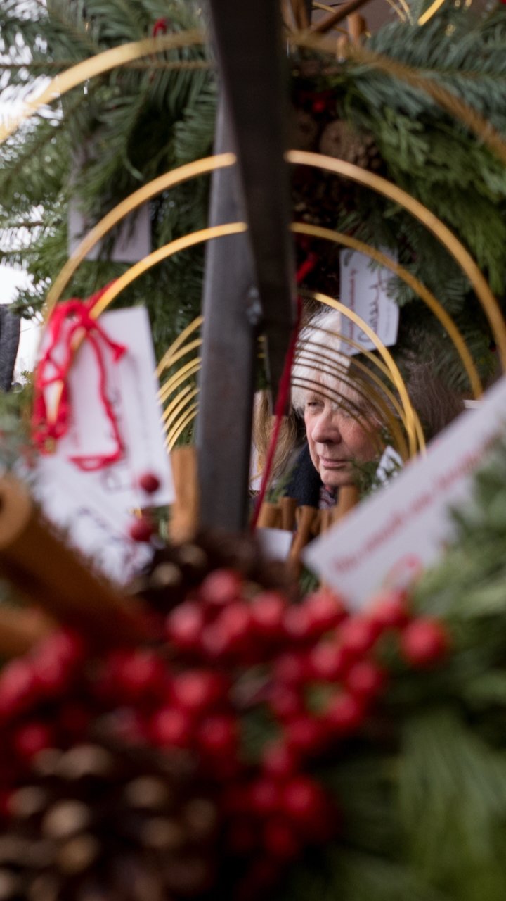 A woman looking at Christmas ornaments on a decorated Christmas tree with gold rings and tags, viewed through a foreground of red berries and greenery.