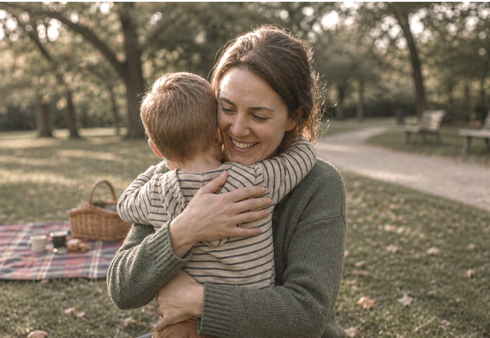 A woman and a young boy hugging outdoors in a park during autumn, with a picnic blanket and basket in the background.