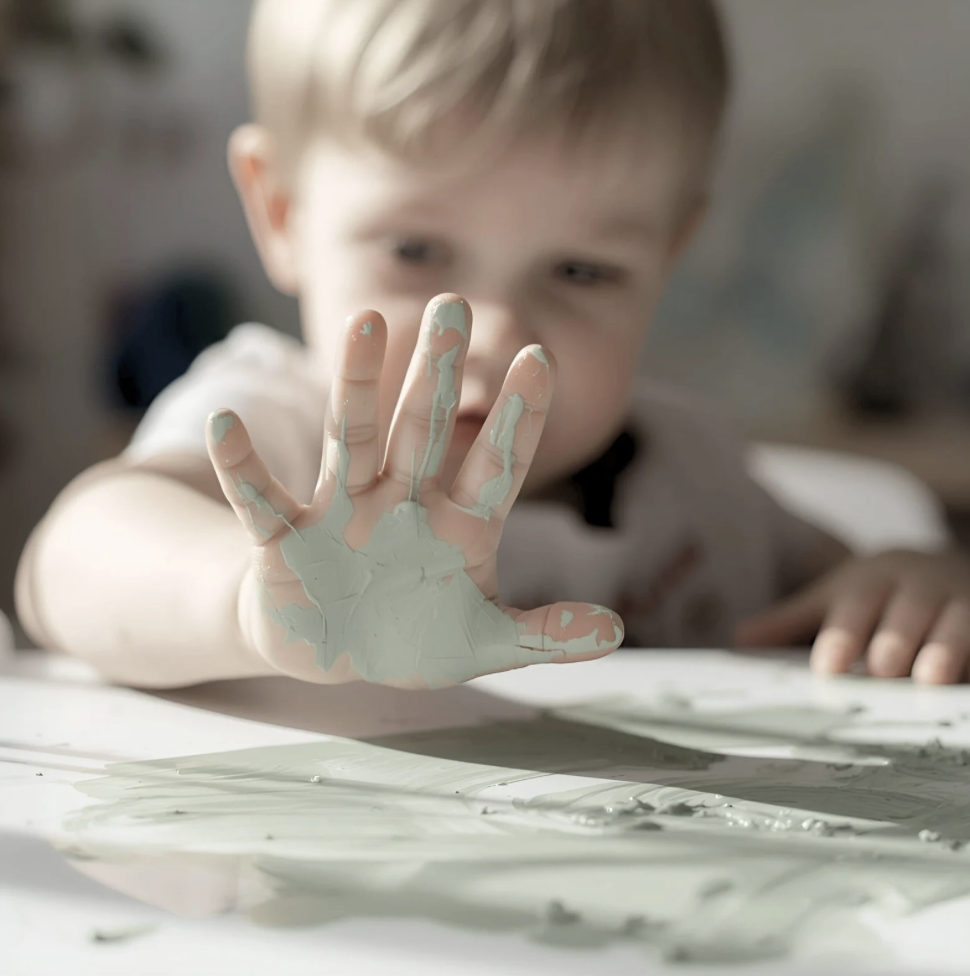 A young boy with paint on his hand, reaching out towards the camera, with a painted surface in front of him.