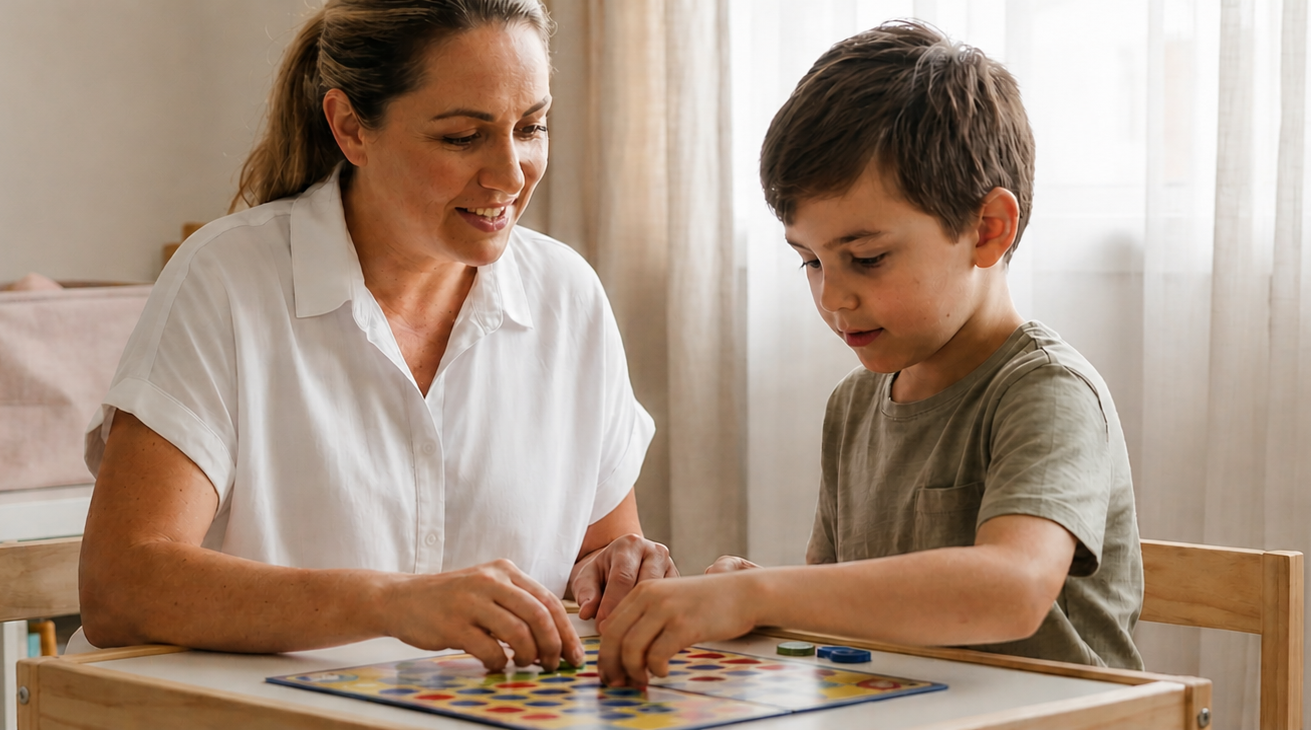 A woman and a boy playing a board game at a table in a well-lit room.