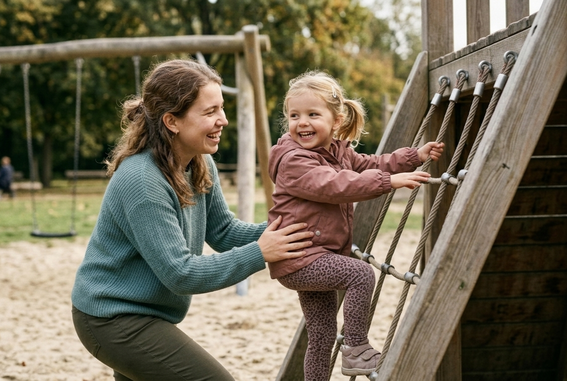A woman helping a young girl climb a wooden climbing structure at a playground, both smiling and enjoying the activity.