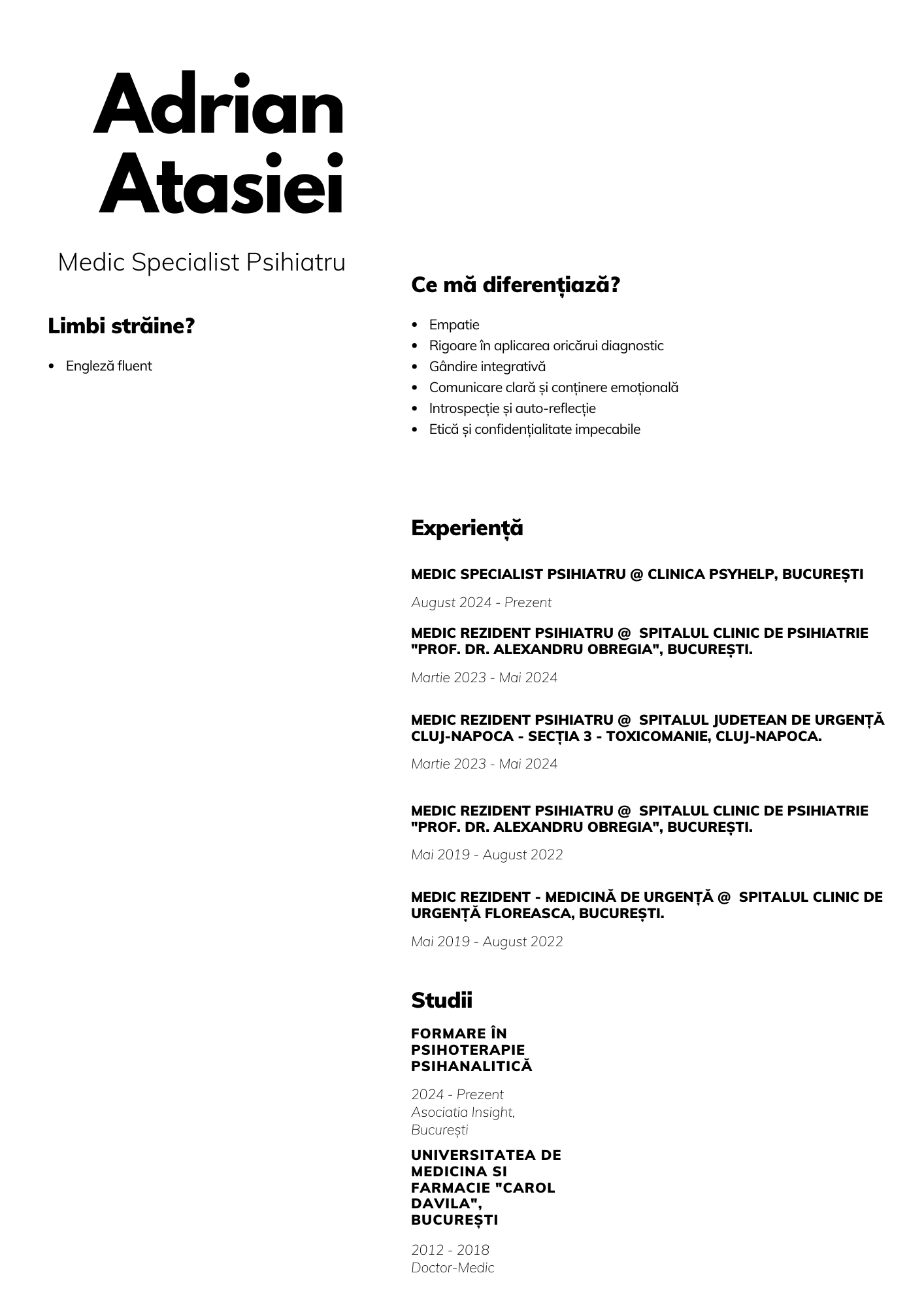 Curriculum vitae of Adrian Atasiei, a medical specialist psychiatrist, including contact information, language skills, personal qualities, experience at various clinics and hospitals, and education in psychotherapy and psychiatry from 2012 to 2024.