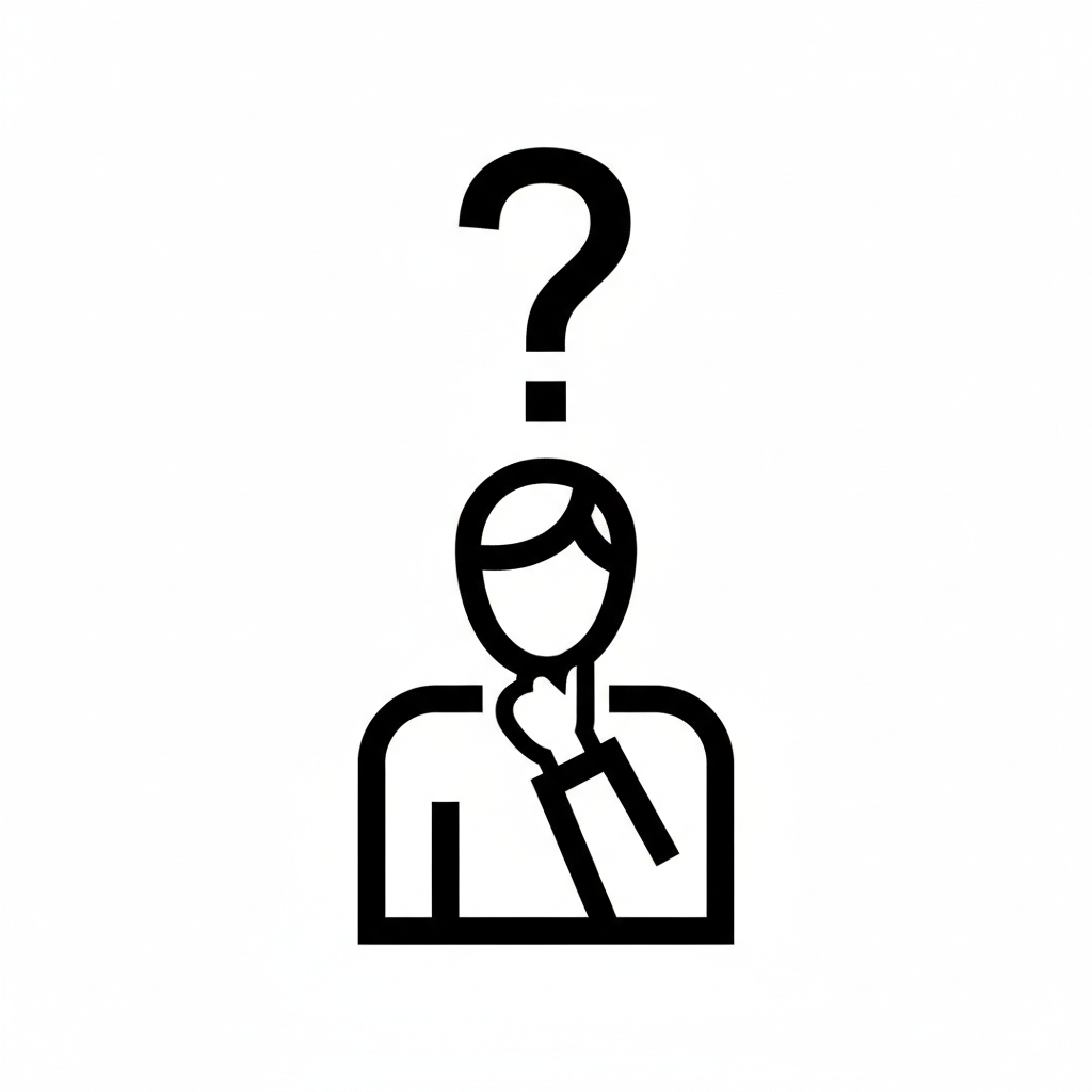 A simple black and white line drawing of a person with a questioning expression, holding their chin, with a large question mark above their head.