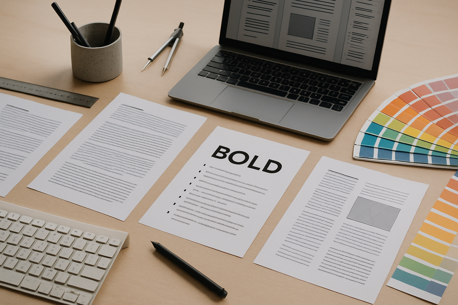 Desk workspace with printed documents, a gray keyboard, a pen, a color swatch fan, a laptop, and a cup holding pens and pencils.