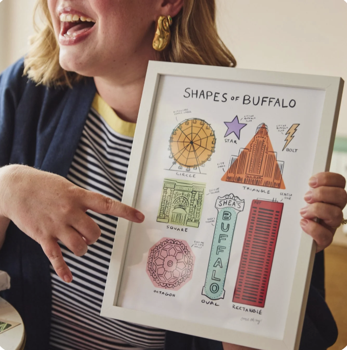 Girl pointing to a colorful poster print of illustrated art.