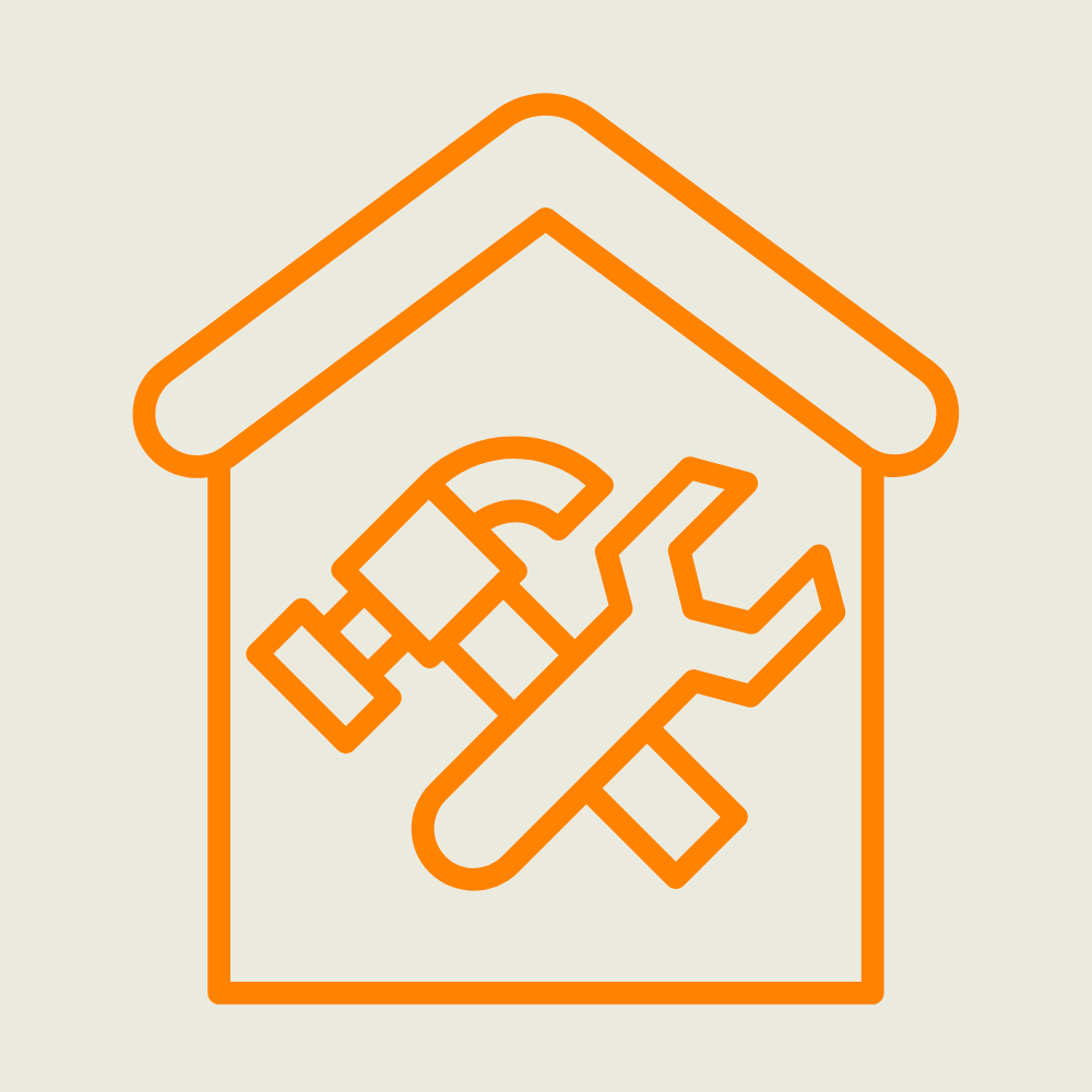 Outline of a house with tools and a wrench inside, symbolizing home repair or maintenance.