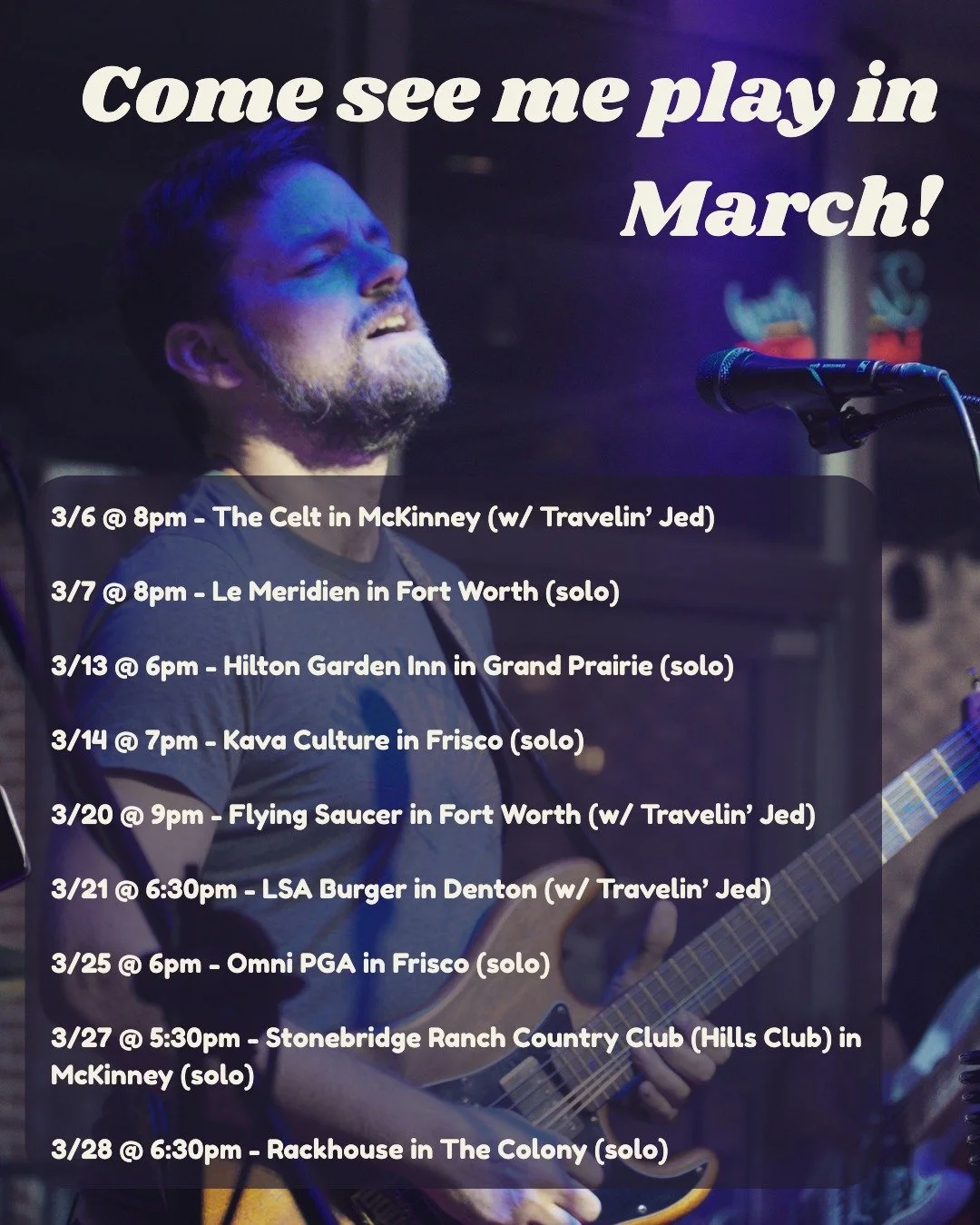 I've got a BUSY month happening with a lot of shows - so there's NO EXCUSE for you slackers to miss seeing me play!
