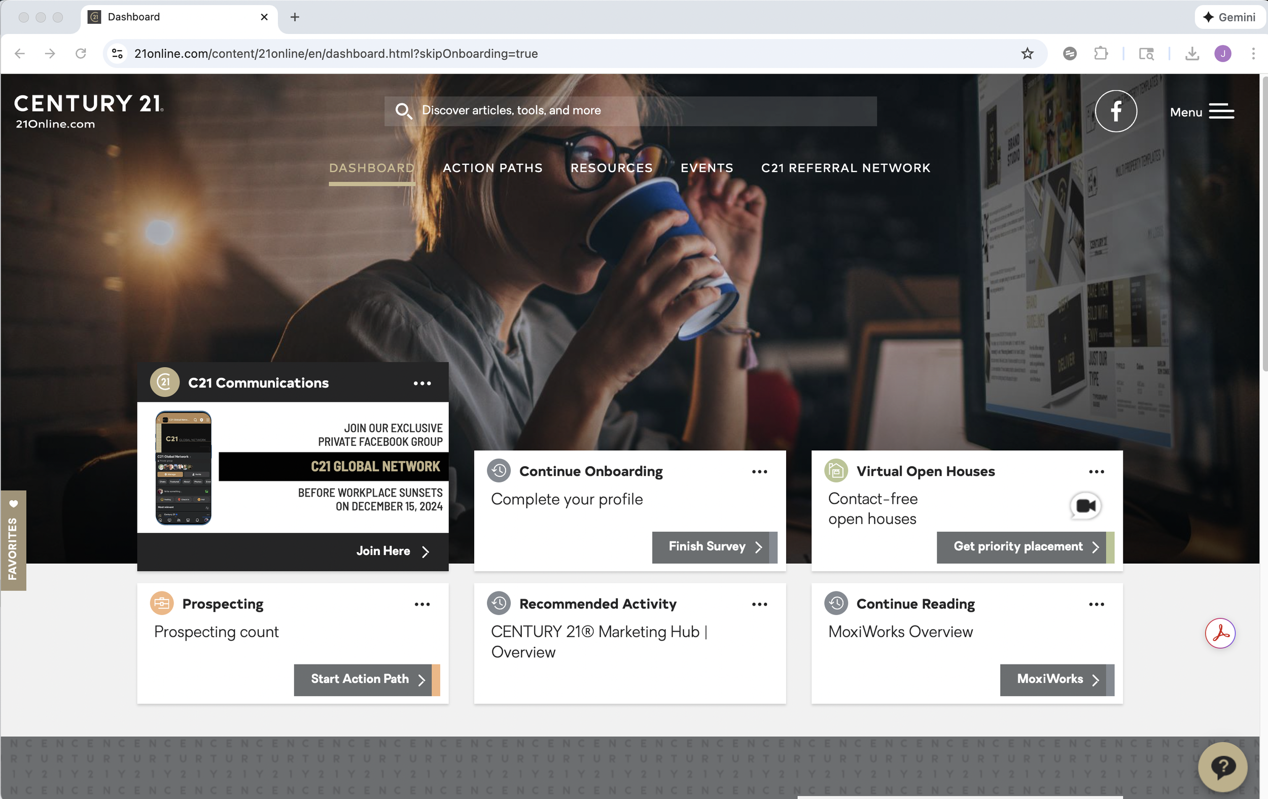 Screenshot of a webpage dashboard for CENTURY 21 with options for onboarding, networking, open houses, prospecting, activity, and reading, for easy to find training information.