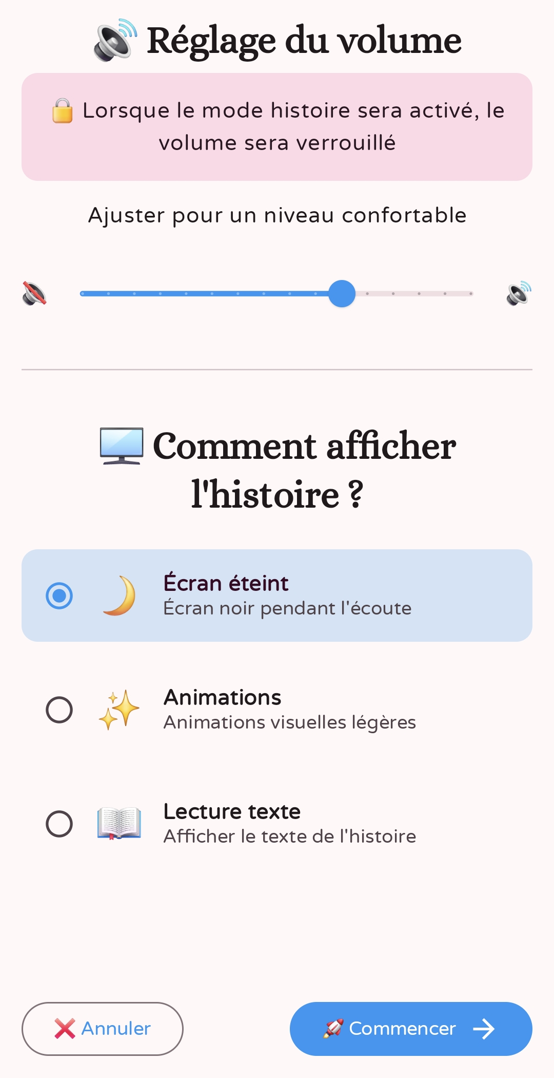 Capture d'écran d'un menu de réglage de volume et d'affichage d'histoire sur un appareil, avec options pour éteindre l'écran, activer des animations ou lire le texte de l'histoire.