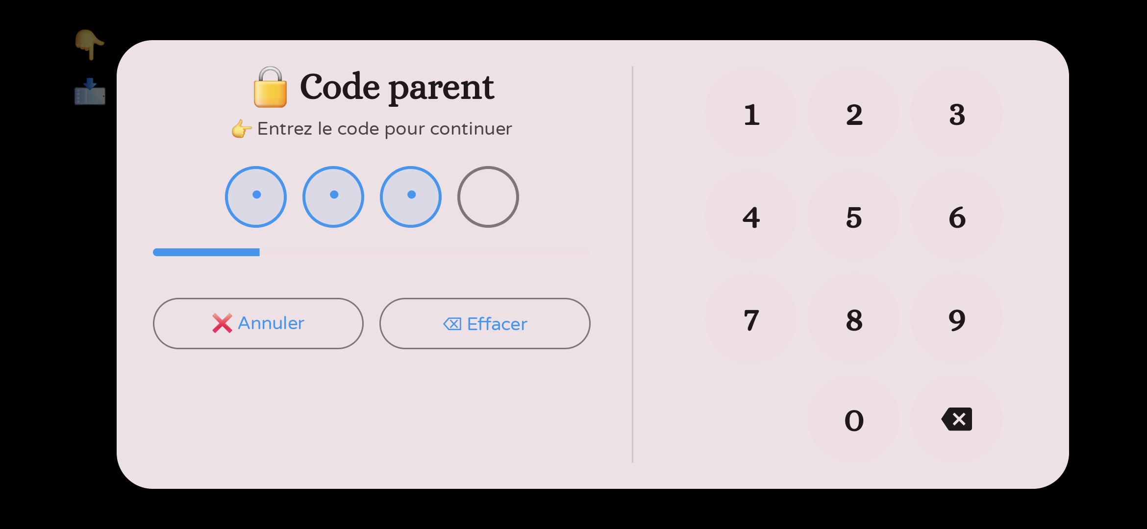 Capture d'écran d'une interface de saisie d'un code PIN avec chiffres de 0 à 9 dans un clavier numérique. La section à gauche montre une ligne de cercles pour entrer le code, avec trois cercles remplis en bleu et un vide. Il y a deux boutons, 'Annule