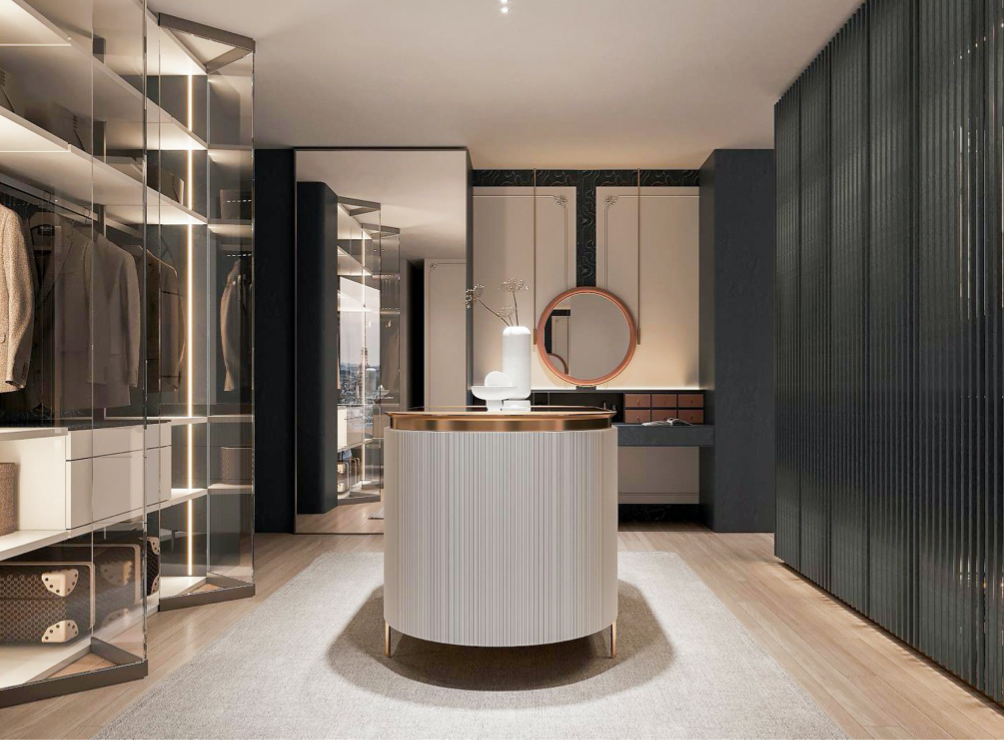 Modern walk-in closet with clothing rack, round mirror, display stand, and sleek room divider.