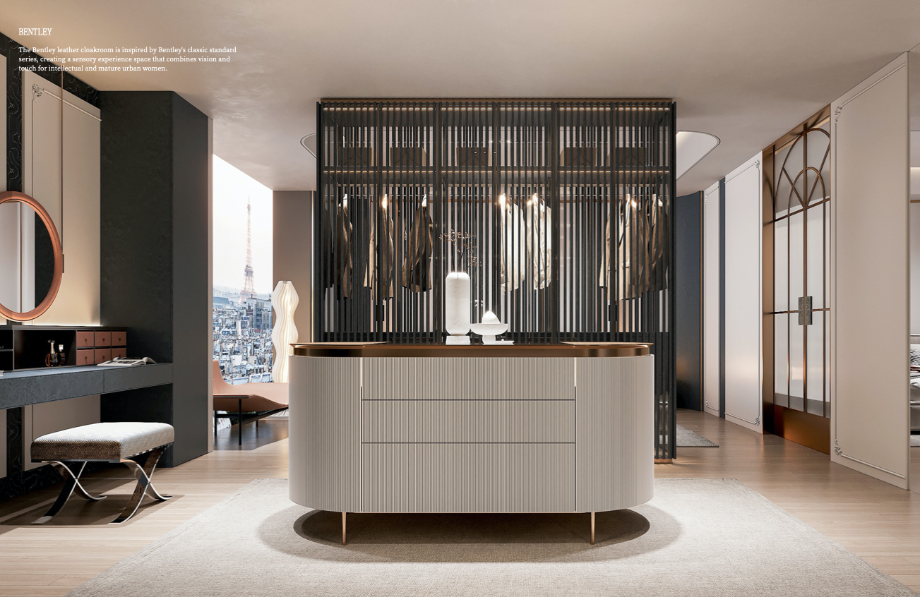 Modern interior space with a curved white dresser, decorative vases, hanging clothing behind a black slatted room divider, and a window showing the Eiffel Tower in the background.