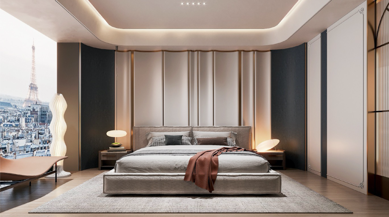 Modern bedroom with a large bed, beige upholstered headboard, bedside tables with lamps, a light-colored rug, and a large window showing the Paris cityscape and Eiffel Tower in the background.