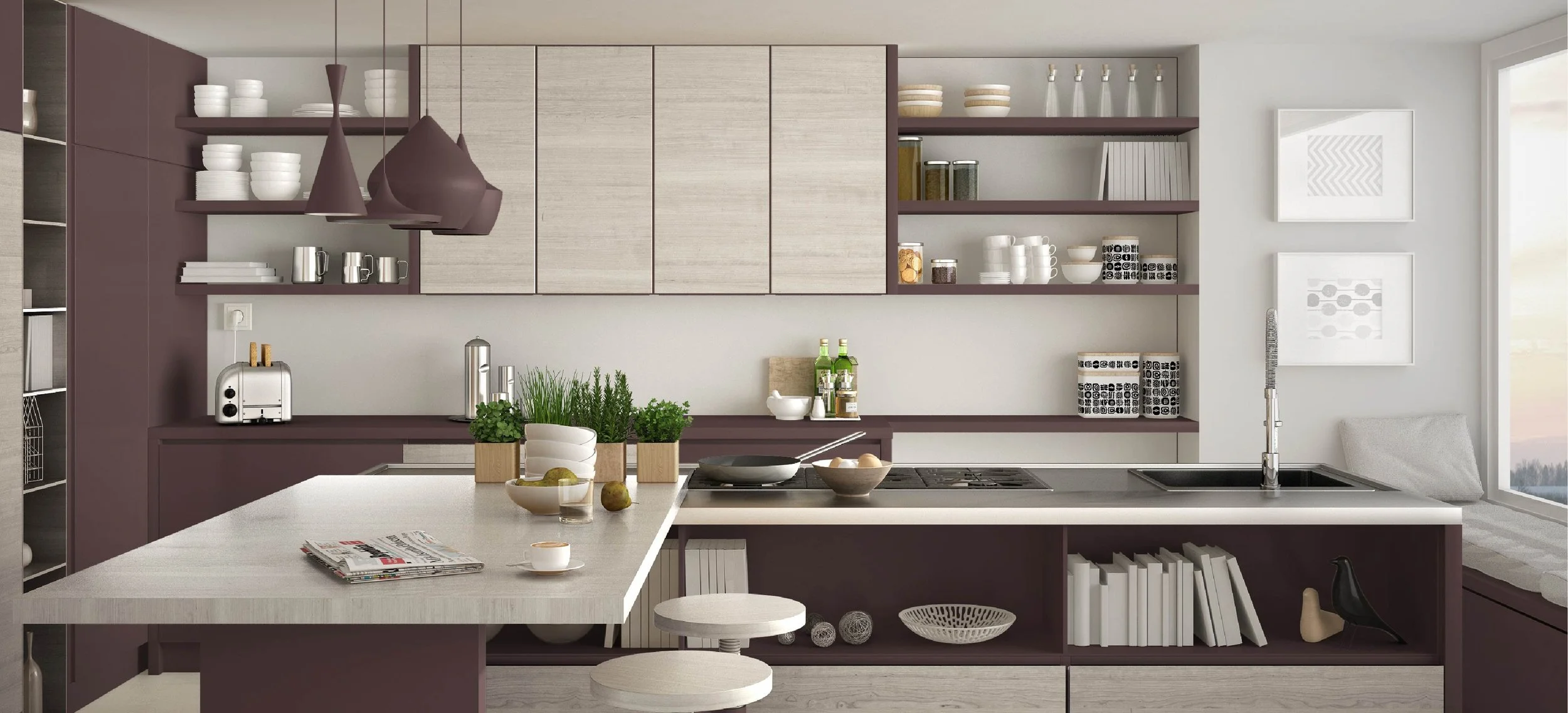 Modern kitchen with purple and light wood cabinetry, open shelves with dishes, a kitchen island with plants, a stove, and a sink near a window.
