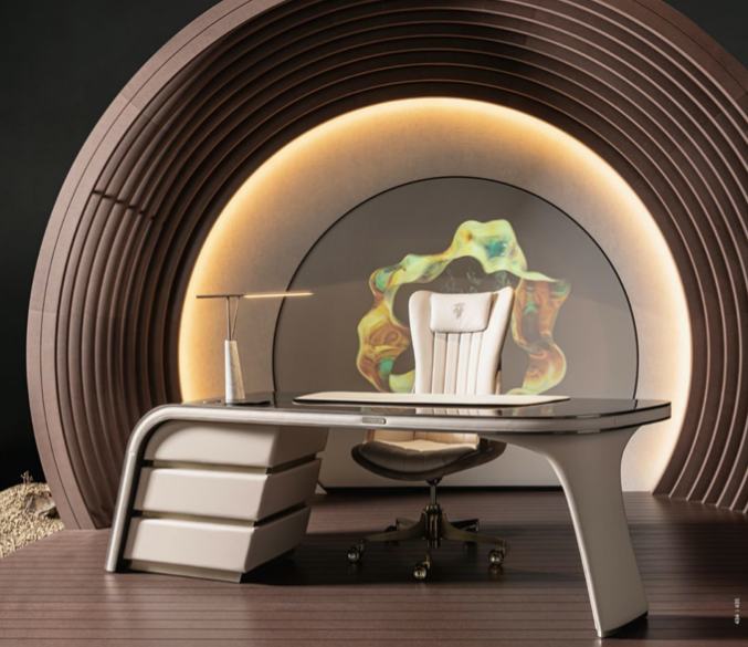 Modern office desk with a white ergonomic chair, a sleek lamp, and a decorative abstract backdrop with glowing arches and colorful swirl design.