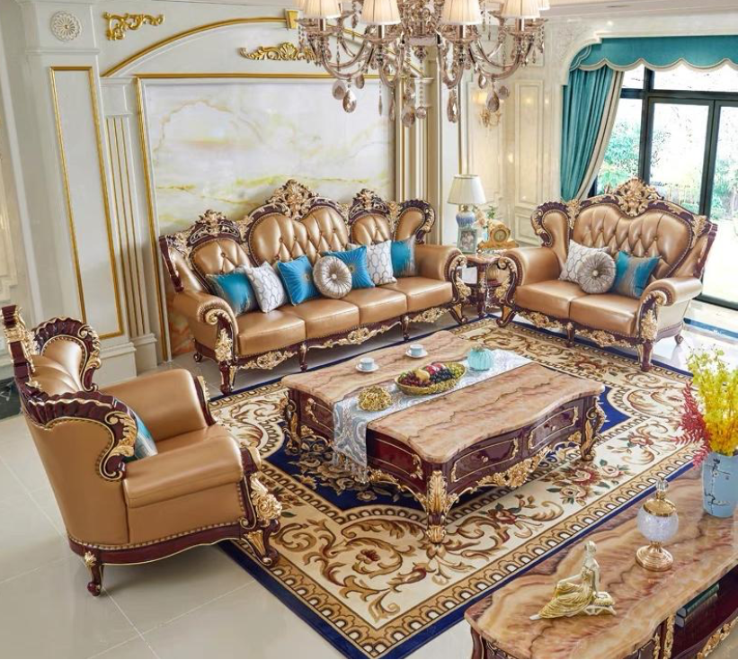 Luxurious living room with ornate furniture, a large chandelier, and elegant gold and blue accents.