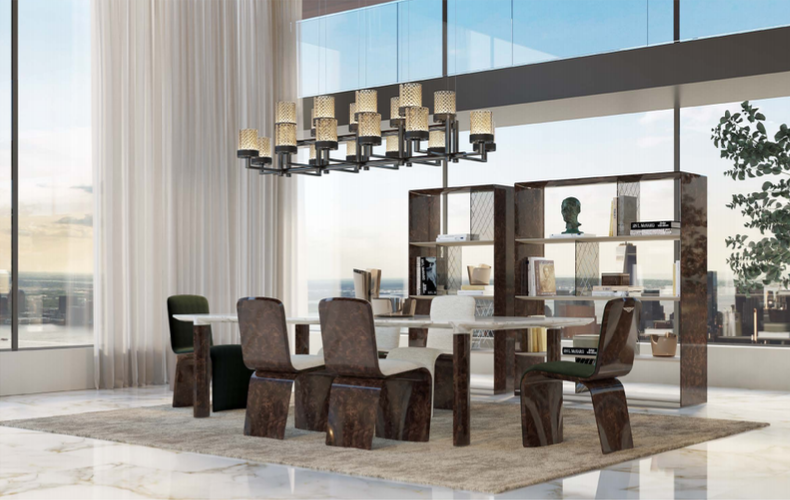 Modern dining room with a round table, eight chairs, a chandelier, and large windows showing a city view.