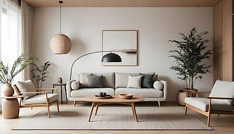 Modern living room with beige sofa, wooden coffee table, armchairs, and large plants, decorated in neutral tones with minimalist style.