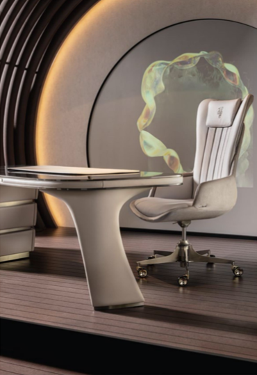 Modern office workspace with a white ergonomic chair and desk, featuring a decorative circular art installation on the wall behind.