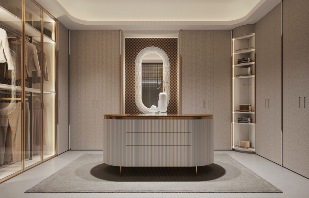 Luxurious walk-in closet with built-in wardrobes, a central dressing table with a mirror, and neatly organized clothing and accessories.