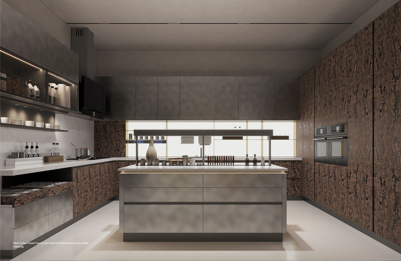 Modern kitchen with dark marble cabinets, stainless steel island, and built-in ovens, featuring a sleek and minimalist design.