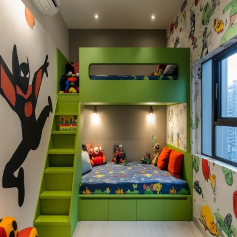 Children's bedroom with a green bunk bed featuring a lower bed with drawers, a ladder on the left, stuffed toys, colorful bedding, and a nearby window with city buildings outside. Wall decorations include a large black cat decal and books on a shelf.