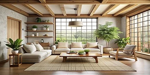 Living room with large windows, beige sofa, wooden furniture, and green indoor plants.