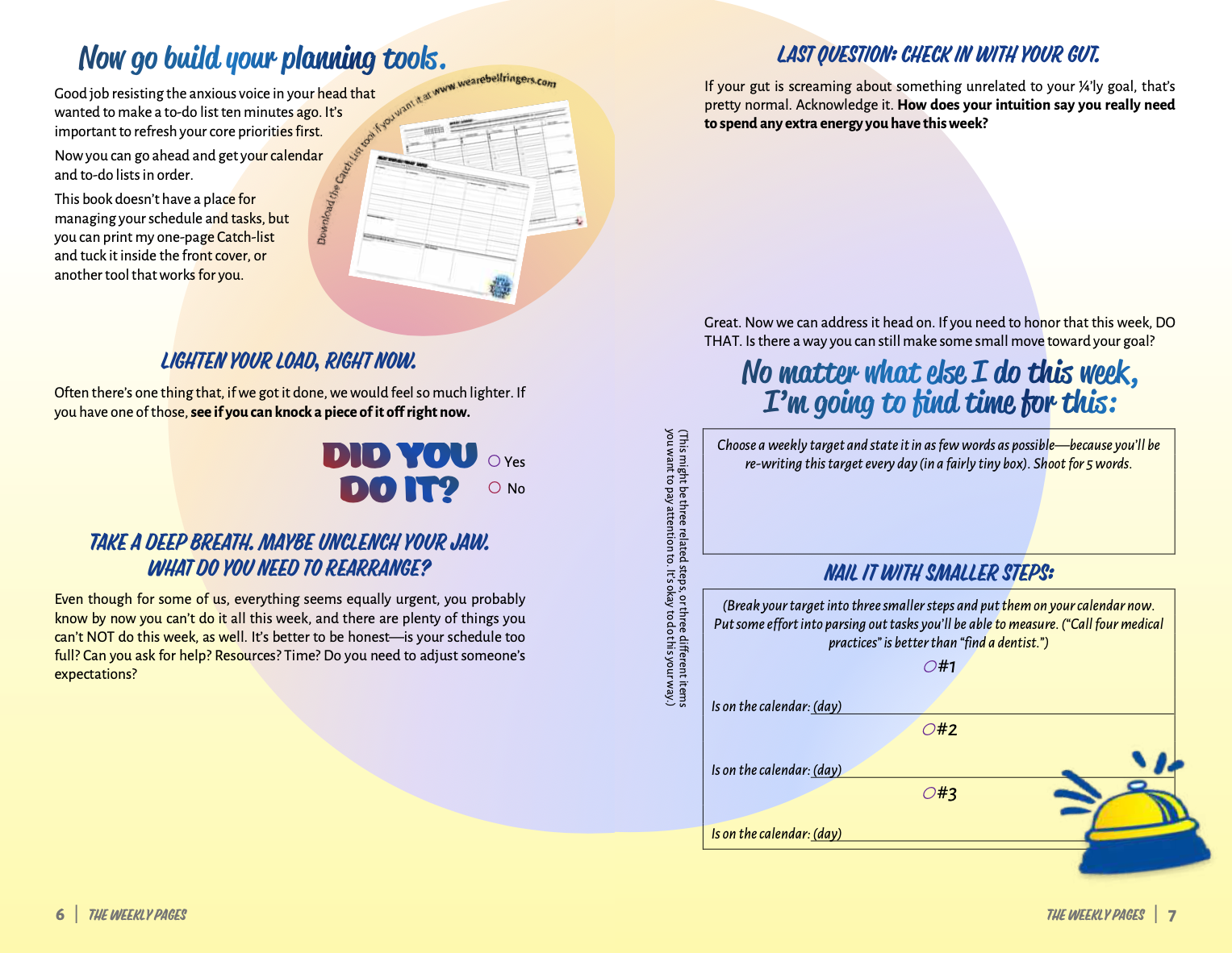 Planning tools, exercises, and worksheets included in the Just Keep Going ADHD goal-setting workbook.