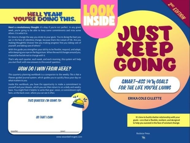 Front and back cover design of the Just Keep Going ADHD goal-setting workbook created by Erika Cole Gillette.