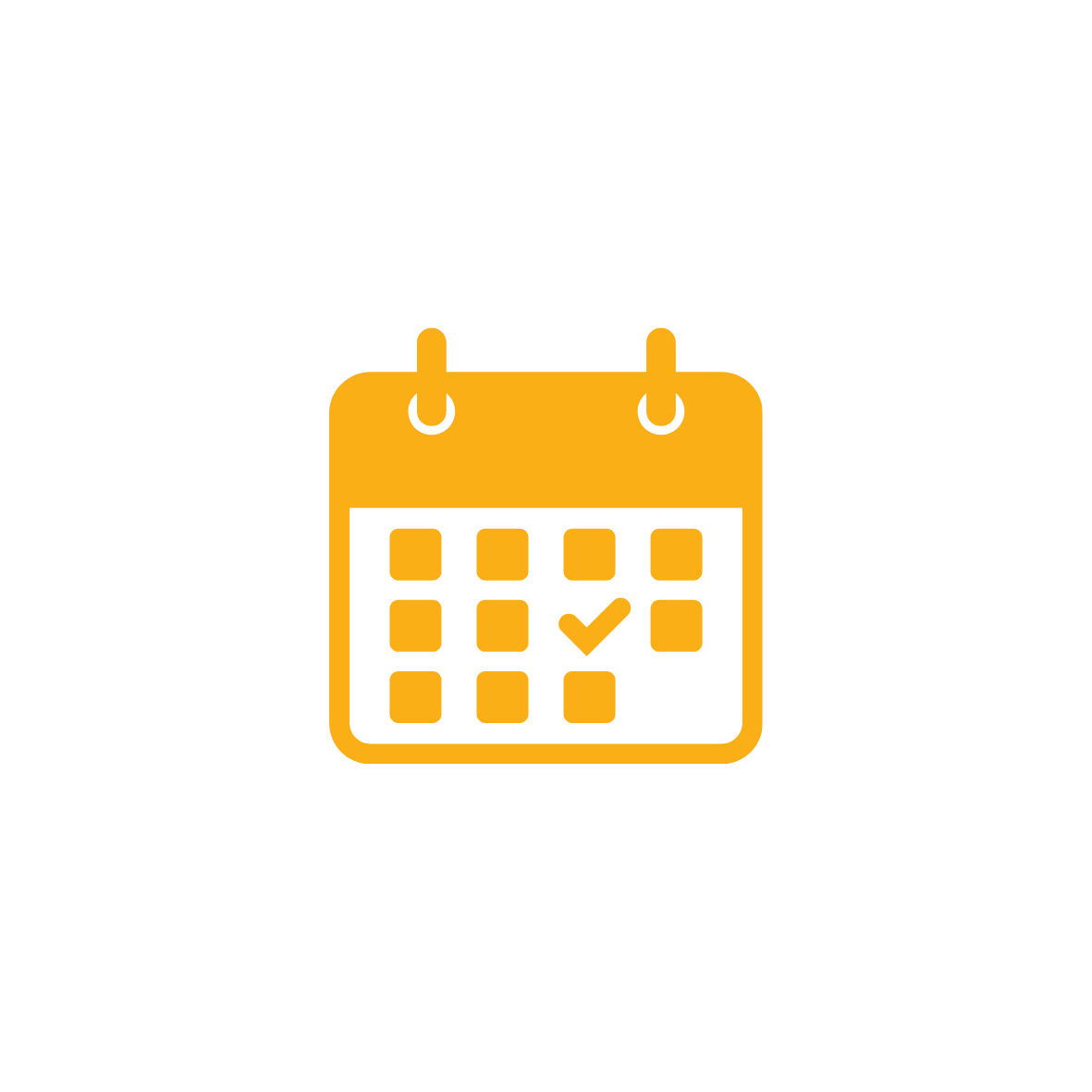 Orange calendar icon with a checkmark on a black background.