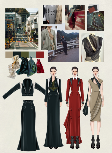 Fashion sketches of four female models wearing stylish evening and business dresses and suits, with fabric swatches and accessories, along with a collage of city scenes and street style photographs.