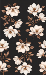 Pattern of white magnolia flowers with brown leaves on a black background.