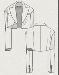 A technical drawing of a jacket including front and back views, showing details like seams and zipper placement.