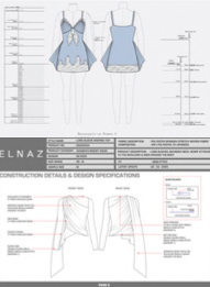 Technical fashion design sketch of a women's dress and top, with front and back views, detailed measurements and construction notes.