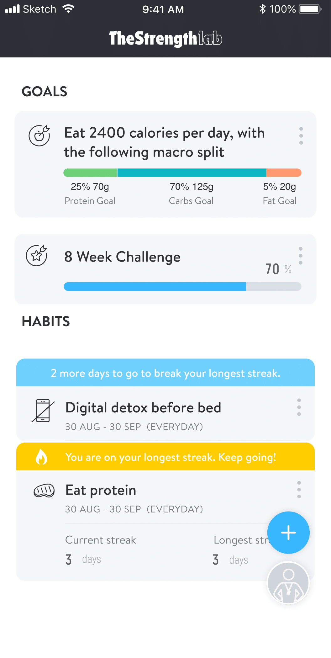 Mobile app named The Strength lab showing fitness goals and habits