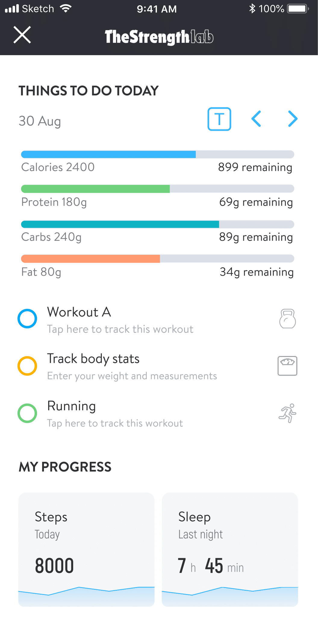 The Strength lab app displaying daily fitness goals, progress, and workout tracking options, including calories, protein, carbs, fat intake, and exercise stats.
