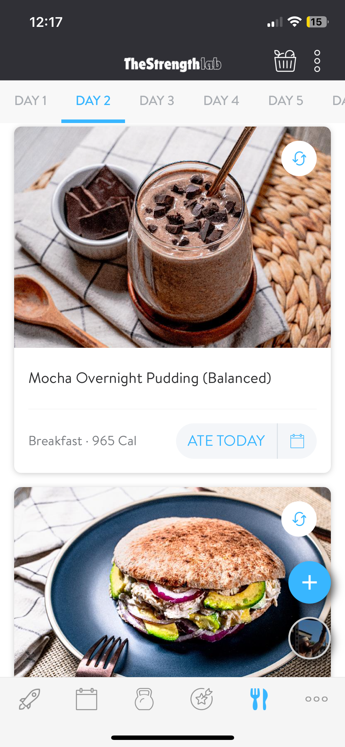The Strength Lab app showing a chocolate mocha overnight pudding and a veggie sandwich.