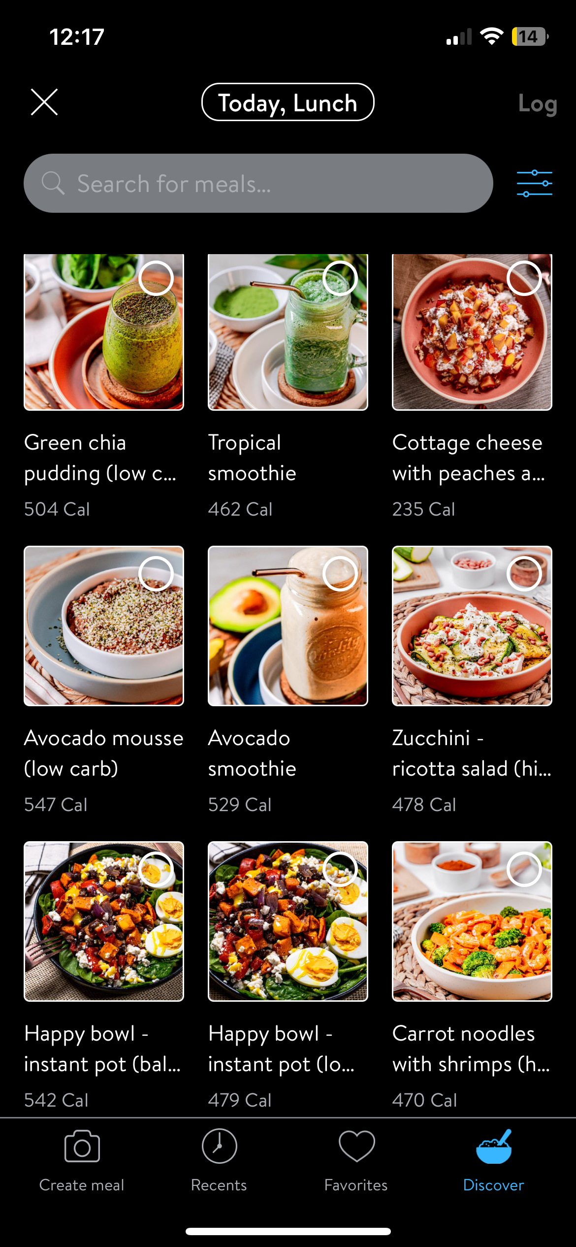 Screenshot of  meal planning within The Strength Lab app showing lunch options, including green chia pudding, tropical smoothie, cottage cheese with peaches, avocado mousse, zucchini ricotta salad, and carrots with shrimp.