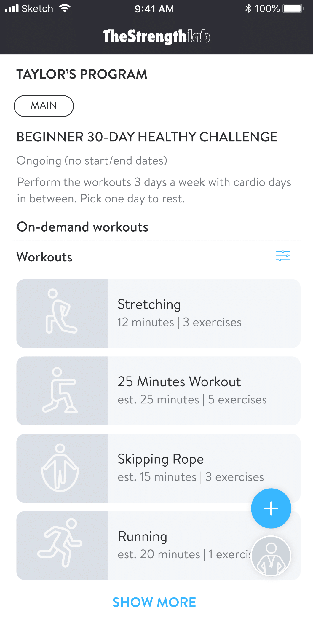 A fitness app called The Strength lab showing beginner 30-day healthy challenge program with five on-demand workouts: stretching, 25-minute workout, skipping rope, and running.