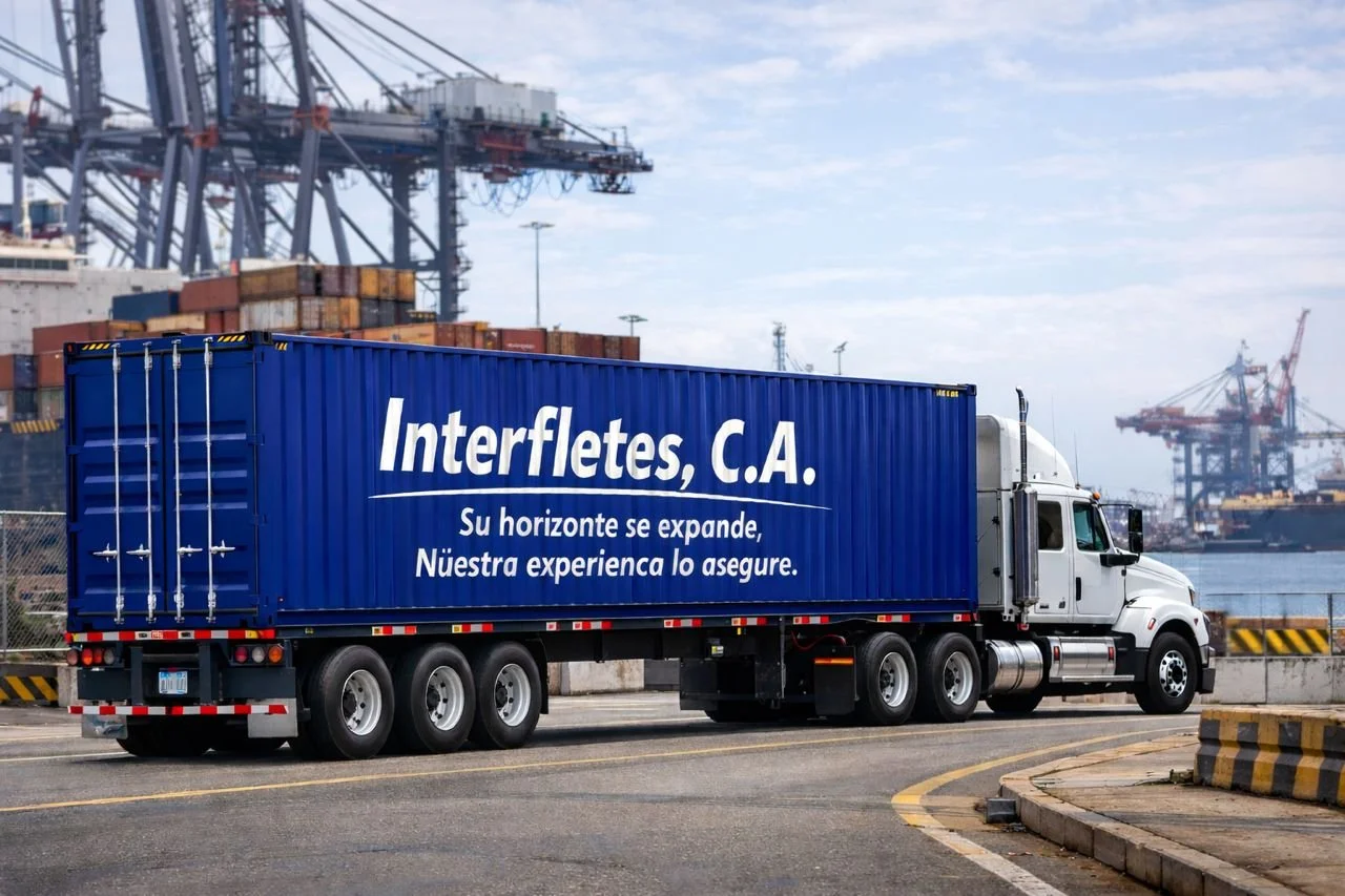Camión de carga azul con letras blancas que dice 'Interfletes, C.A. Su horizonte se expande. Nuestra experiencia lo asegura', en un puerto con grúas y contenedores.