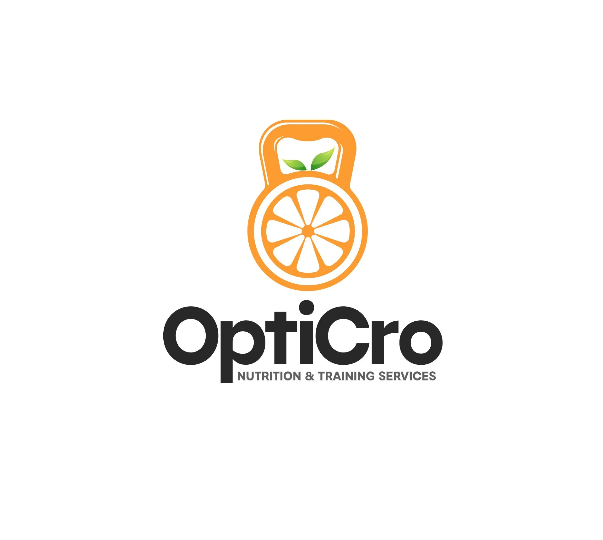 Logo for OptiCro Nutrition & Training Services, featuring an orange kettlebell with a lemon slice and green leaves inside, and the company name in bold black letters.