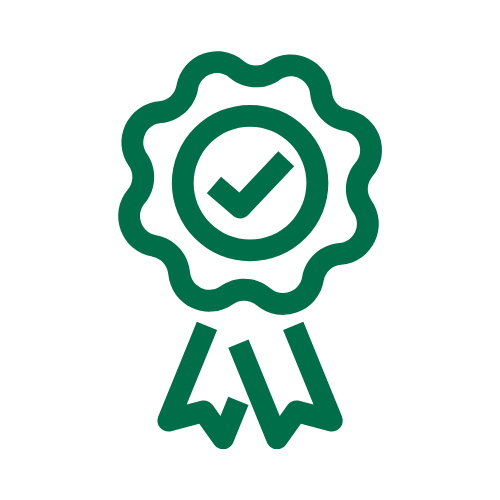 A green award ribbon with a checkmark inside a circle at the center.